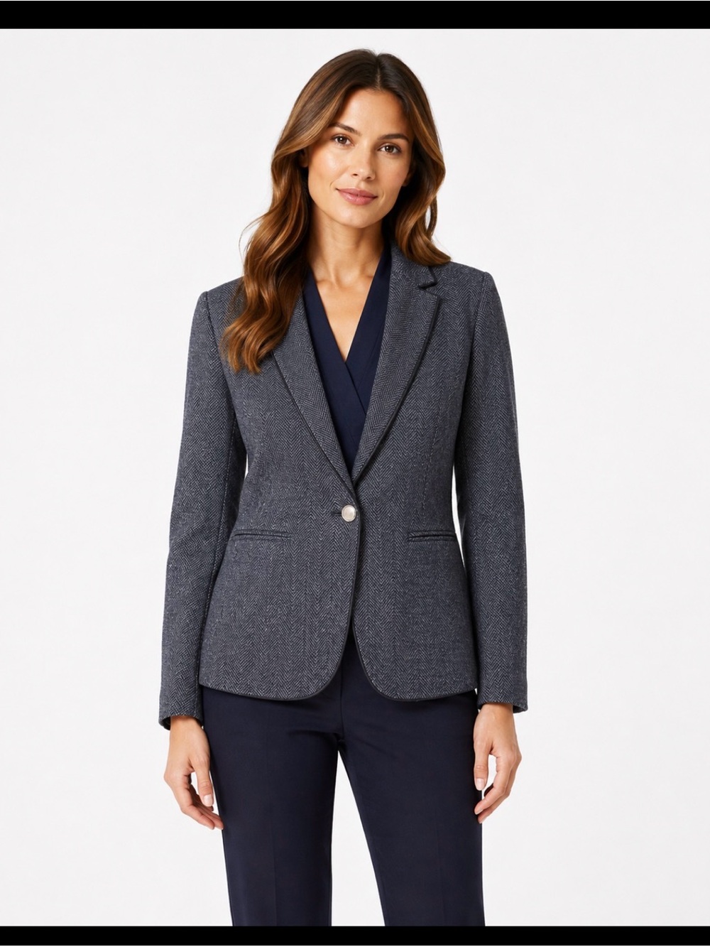 Ann Taylor Navy and Gray Herringbone Single-Button Blazer
